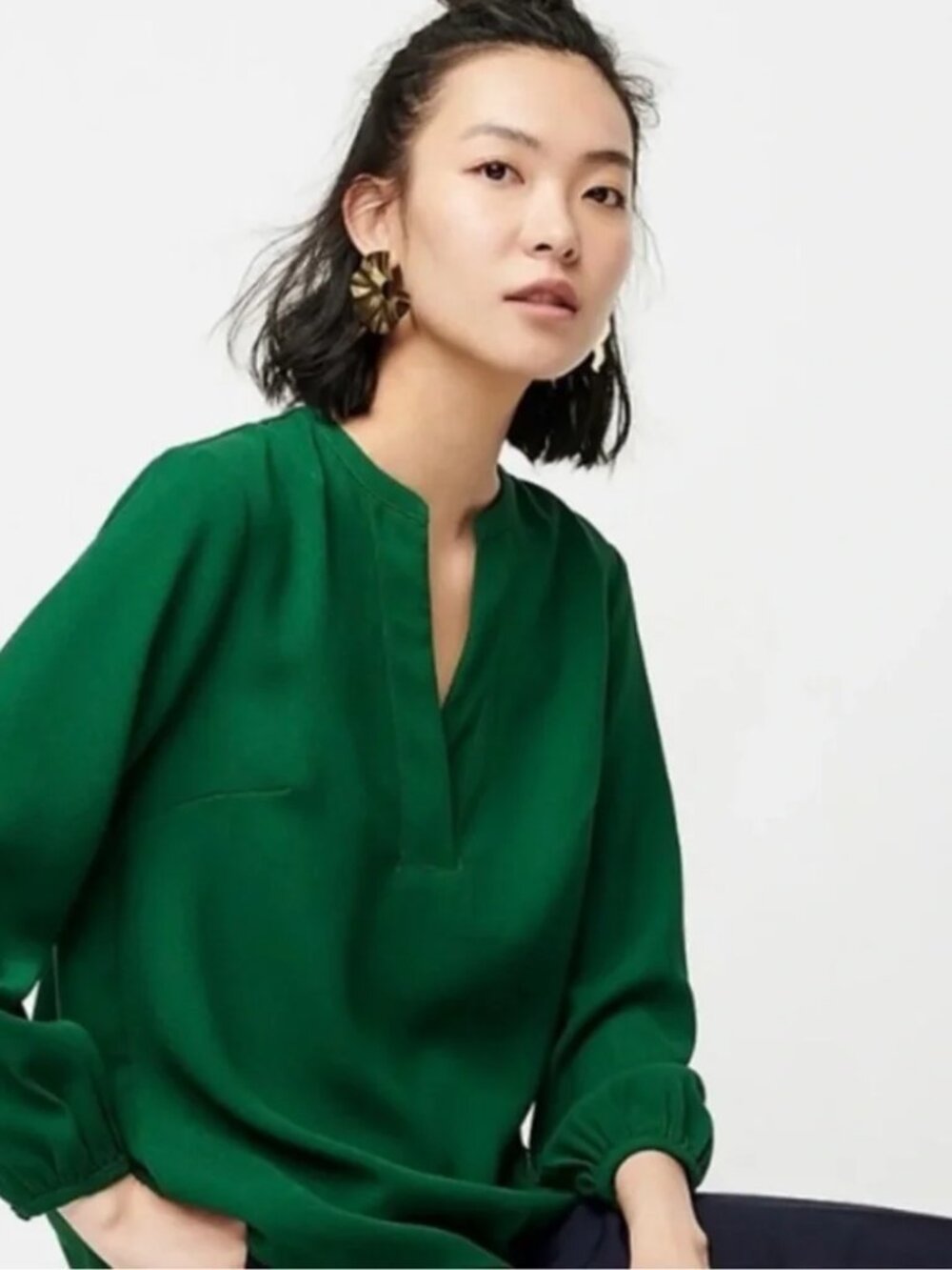 J. Crew Emerald Long Sleeve V Neck Blouse - Workwear